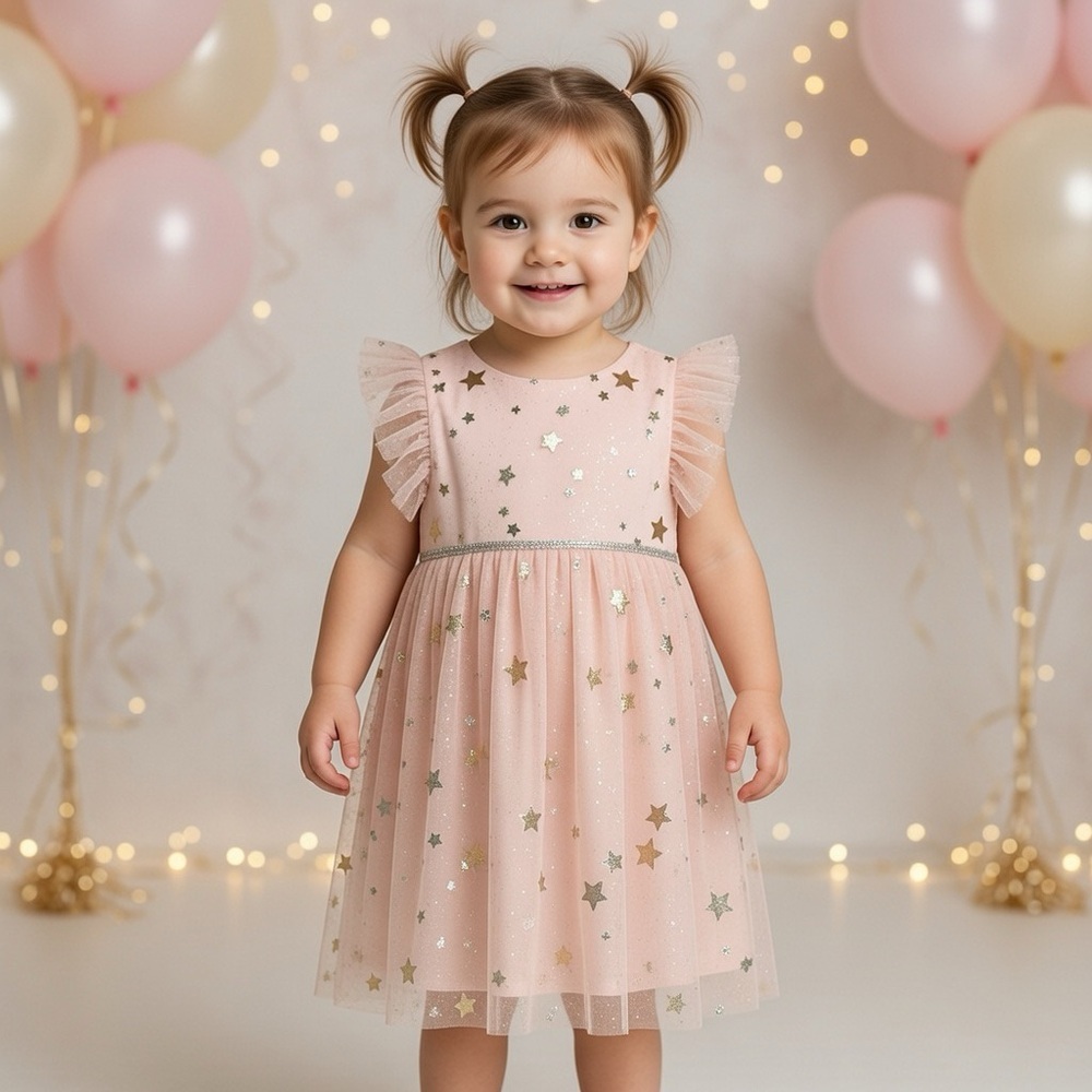Popatu Blush Pink Tulle Overlay Dress With Silver Stars Ruffle Sleeves Sz 24M